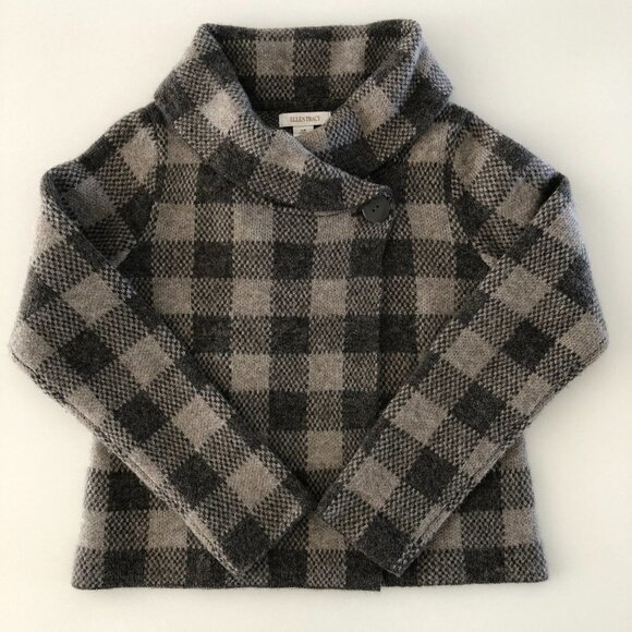 Ellen Tracy Check Pattern Long Sleeve Shawl Collar Sweater Jacket Grey Size M - Picture 13 of 13